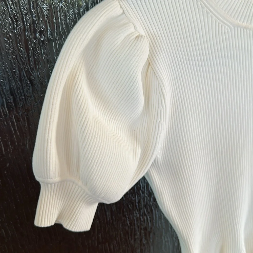 Ulla Johnson Ivory Knit Puff-Sleeve Peplum Top